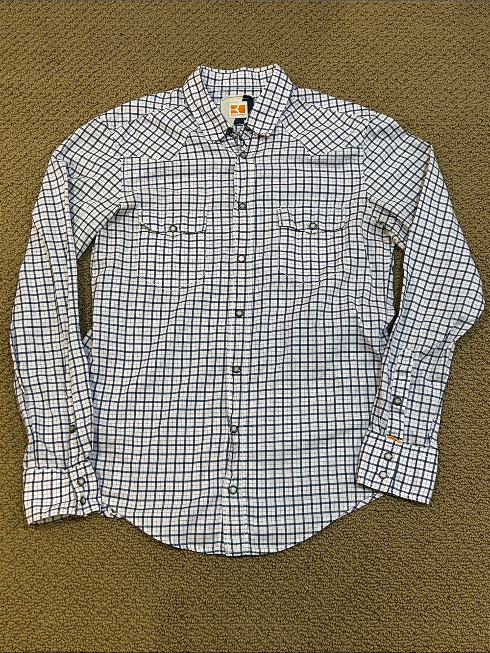 Boss Orange Plaid Long Sleeve Western Shirt Snap Buttons Medium Blue White Red
